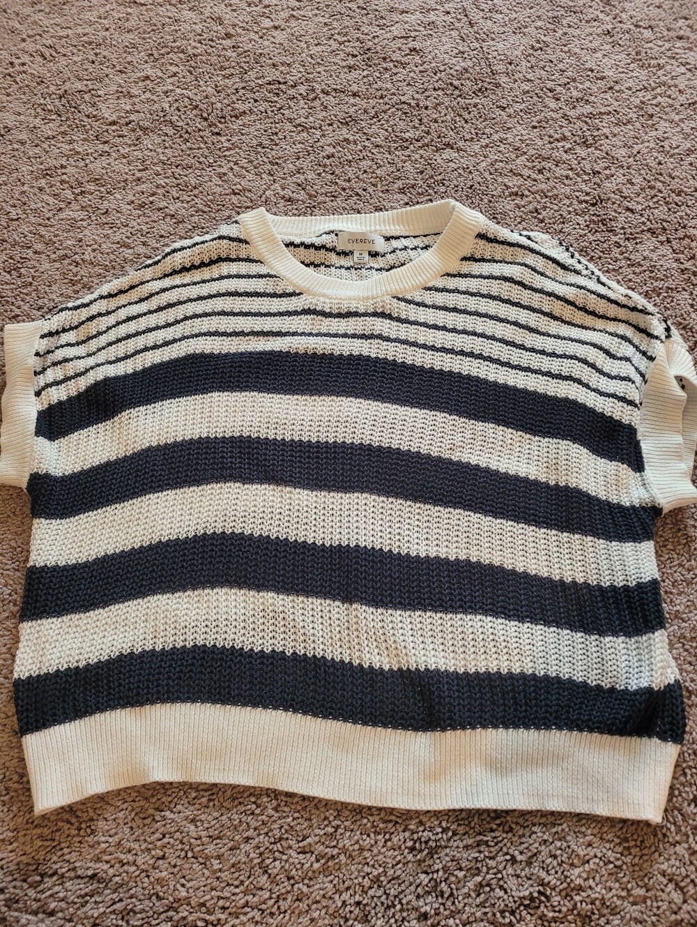Evereve Cream and Black Striped Crewneck Sweater